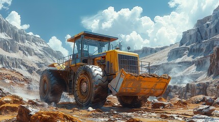 yellow grader digging the earth on a construction site at a diamond mine - obrazy, fototapety, plakaty