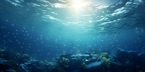 Fototapeta na wymiar Blue sunlight illuminating underwater sea oceanic day deep diving aquatic world oceanic background