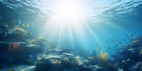 Blue sunlight illuminating underwater sea marine life nature beauty blue background - obrazy, fototapety, plakaty
