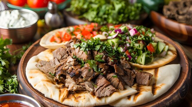 Juicy shawarma slices, featuring tender lamb or flavorful chicken. Middle Eastern cuisine ai image