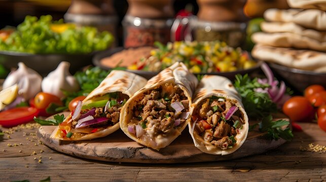 Tasty shawarma slices with tender lamb or flavorful chicken. Authentic Middle Eastern dish ai image