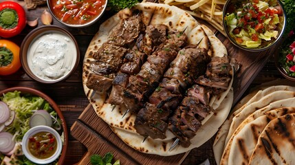 Delicious shawarma slices, featuring succulent lamb or flavorful chicken. Middle Eastern flavor explosion ai image - obrazy, fototapety, plakaty