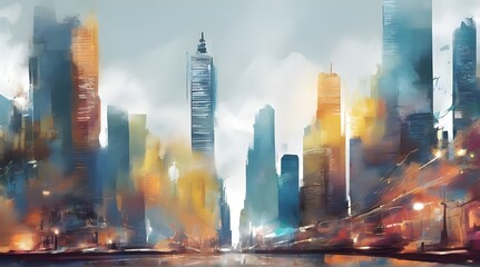 Captivating urban vista featuring towering buildings adorned with countless windows, set against a sprawling panorama of the bustling cityscape. 3d vector painting generative ai  - obrazy, fototapety, plakaty
