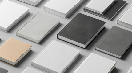 Various books displayed in neat stacks on a monochrome background, some with blank labels visible