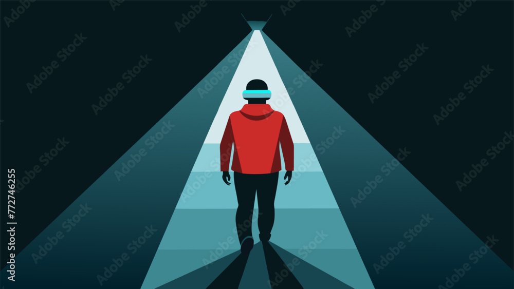 Poster a person walking through a long narrow tunnel with blinders on representing both tunnel vision and t