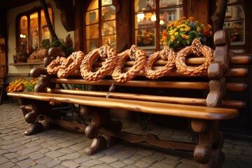German pretzels displayed on a traditional beer garden bench in a charming Bavarian village. - obrazy, fototapety, plakaty