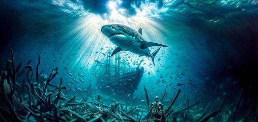 Foto auf Acrylglas Great White Shark swimming around sunken pirate ship in crystal clear sea water © jimbocymru