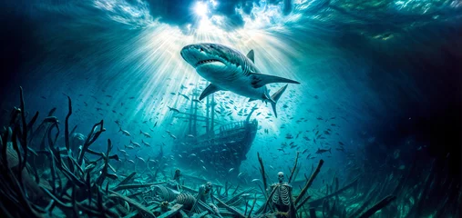 Foto auf Leinwand Great White Shark swimming around sunken pirate ship in crystal clear sea water © jimbocymru