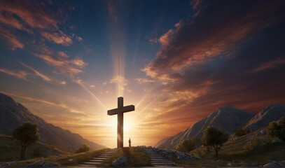 A cross when Jesus died with a beautiful background 3D - obrazy, fototapety, plakaty