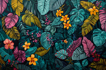 A dense, jungle-inspired tapestry of doodled tropical leaves and flowers, overlapping and interweaving