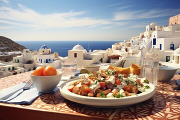 Greek salad on a sunlit terrace overlooking a whitewashed village. - obrazy, fototapety, plakaty
