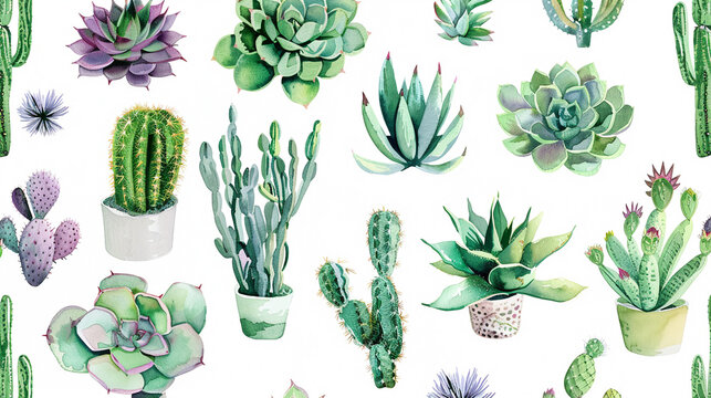 A collection of doodled succulents and cacti, each painted in watercolor with rich greens and soft purples, dotted across the canvas