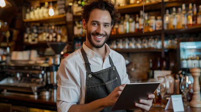 Friendly Waiter Holding Digital Tablet in a Cozy Bar. Smiling Male Employee in Apron at Work. Hospitality and Service Concept Image. AI