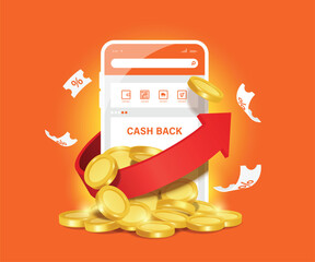 Cash back promotion ,Red arrow, gold or dollar coin, rotating percentage sign Around smartphones with online shopping applications , vector 3d illustration for advertising design