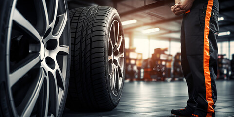 a close up of a tire of a car in a mechanic shop car service vehicle maintenance sunlight background - obrazy, fototapety, plakaty