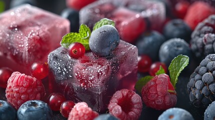 Macro photo, Frozen ice cubes with various fruits, blackberries and raspberries, gooseberries and...