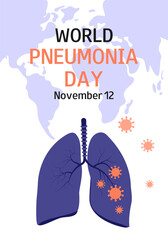 Vector background with human lungs and world map. World Pneumonia Day. November 12. Medicine illustration. 