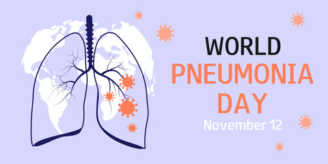 World Pneumonia Day background with silhouette of human lungs and world map. November 12. Vector illustration for poster, banner, advertising, greeting card.