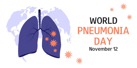 World Pneumonia Day. November 12. Design for background, banner, card, poster with with silhouette of human lungs and text. 