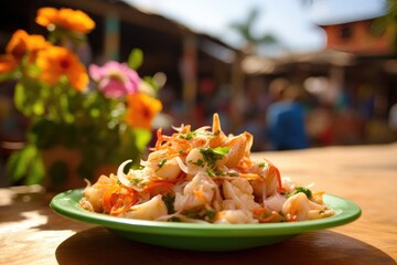 Peruvian ceviche served on a vibrant market street in a coastal village.