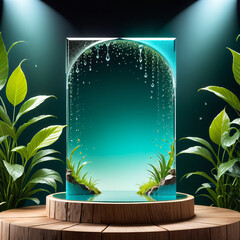 Round stage with green plants and water drops. 3D illustration.