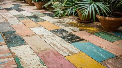 The picture of the colorful multiple tiles that has been use on the ground inside of the building that has been taken in the daytime of the bright day of the sun in the morning of the years. AIGX01. - obrazy, fototapety, plakaty
