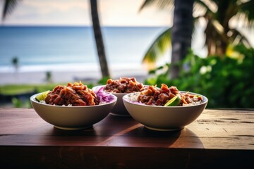 Hawaiian poke bowls on a beachside table with a view of a serene island village.