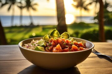 Hawaiian poke bowls on a beachside table with a view of a serene island village. - obrazy, fototapety, plakaty