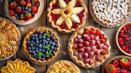 Fruit and berry assortment of delicious pastry sweets pies, colorful cakes with fresh natural raspberry, blueberry, cheese cream. French bakery catering