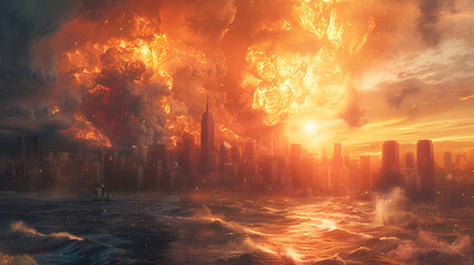 A dramatic and apocalyptic scene depicting the end of the world, with destruction and chaos as far as the eye can see.