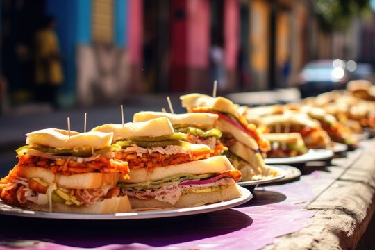 Cuban sandwiches displayed on a colorful street in Havana.