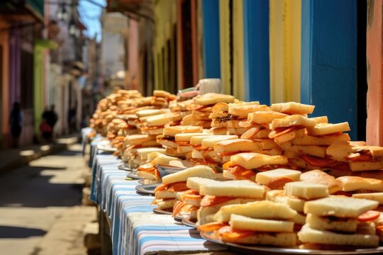 Cuban sandwiches displayed on a colorful street in Havana.
