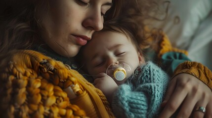 Tender moment of motherhood captured in a cozy scene. Mother cradling sleeping baby. Intimate and warm parental love. Lifestyle family portrait. AI - obrazy, fototapety, plakaty