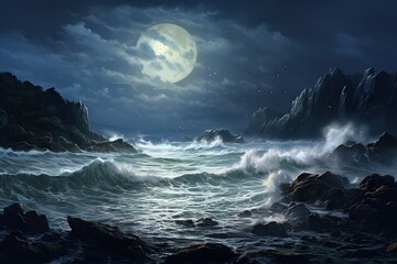 Mystical Full Moon Above Rough Sea and Cliffs. 