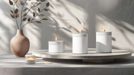 Stylish home ambiance with multiple candles bearing blank labels on a tray in a modern, sunlight-drenched scene