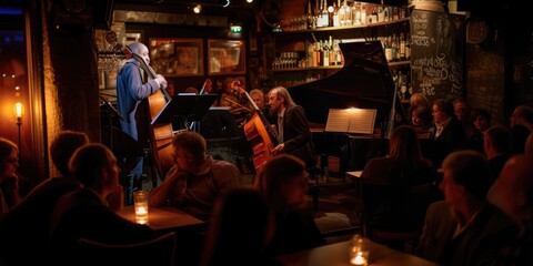 An evening jazz concert in a cozy club, musicians in deep concentration, audience immersed in the music. Resplendent.