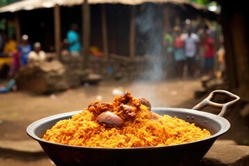 Nigerian jollof rice presented in a lively West African village setting. - obrazy, fototapety, plakaty