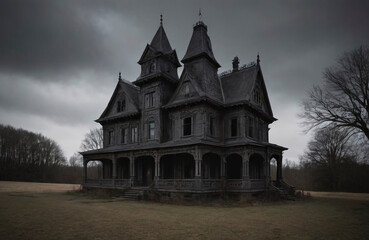 Old wooden abandoned house in Gothic style.