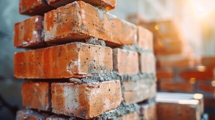 Brick wall in construction site, close-up. Construction concept