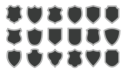 Shields icon set. Collection of security shield icons.  Police badge shapes with contours and linear signs. Vector military shield silhouettes.