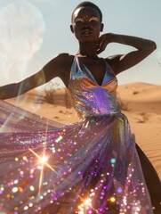 Sparkling dress in desert at golden hour. A striking silhouette of a model in a glittering dress, standing in the desert as the sun casts a golden light on the scene