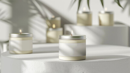 A solitary lit scented candle with a blank label on display set against a backdrop of more candles...