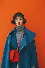 Elegant blue coat over gray sweater fashion. Fashion forward presentation of a stylish blue coat paired with a gray turtleneck sweater, against a bold orange wall