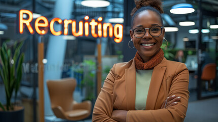 Recruit concept image with a black woman recruitment consultant manager in office next to a sign Recruiting
