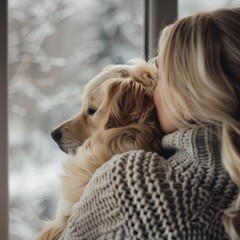 Back view of female blonde caressing furry dog behind ears during leisure time at cozy apartment. Young woman and golden retriever enjoying bonding interaction together during daytime.
