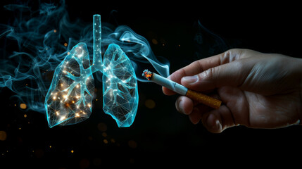 Smoker hand holding a smoking cigarette next to lungs full of smoke representing the danger of smoking for health