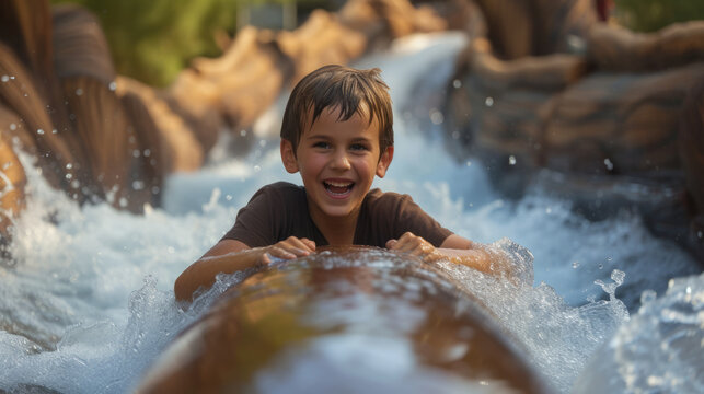 Happy smiling kid boy on a water ride on hot summer day in an amusement park