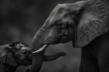 Photo of an elephant mother and her baby, the calf is leaning on his mom's head while she touches him with their trunks