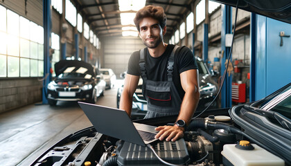 Mechanic Using Laptop for Vehicle Diagnostics
