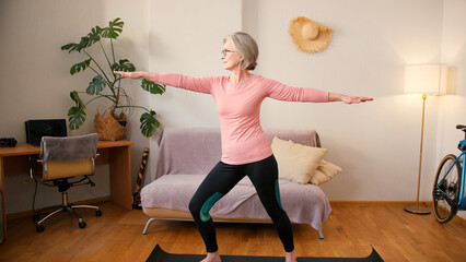 Senior mature woman make yoga pilates fitness and promotes wellness and happiness
